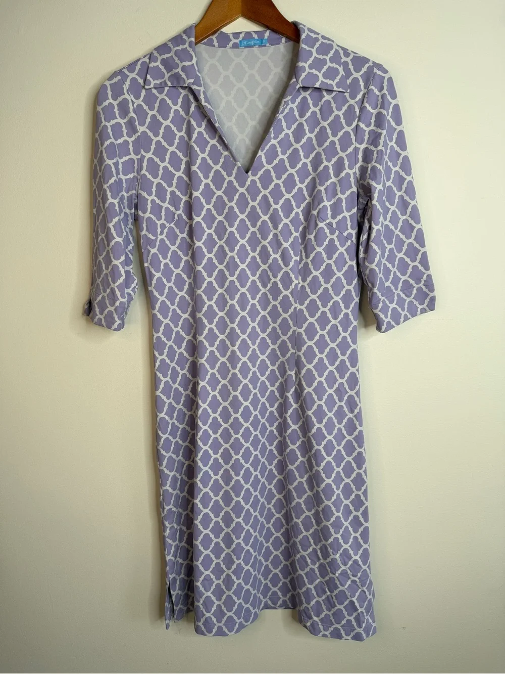 J McLaughlin Sz S Catalina Cloth Dress 3/4 Sleeve Purple White V Neck Stretch